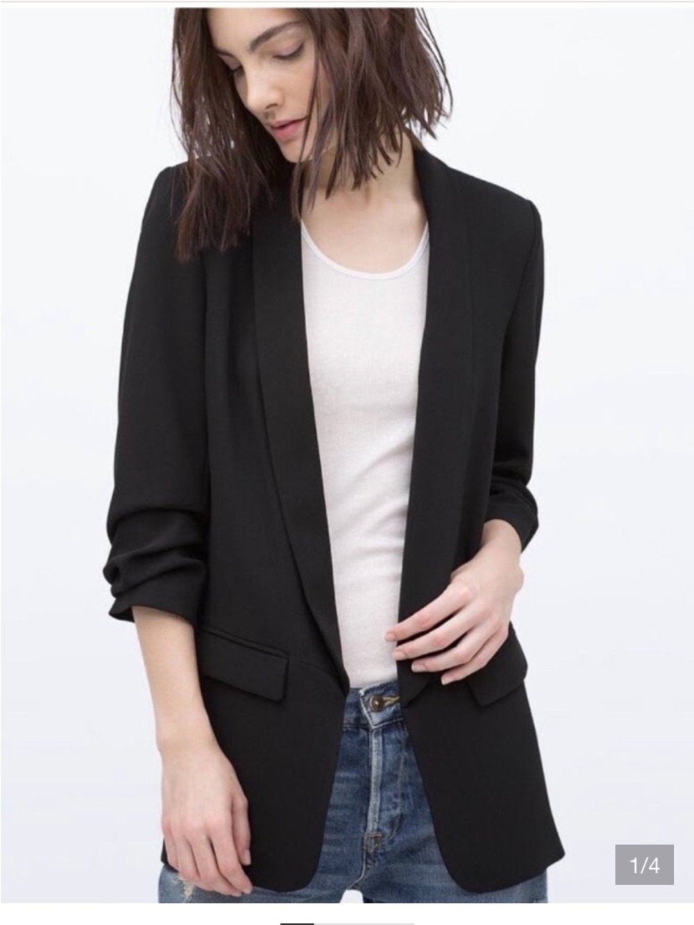 Zara Black Open-Front Women's Crepe Blazer 3/4 sleeves size S